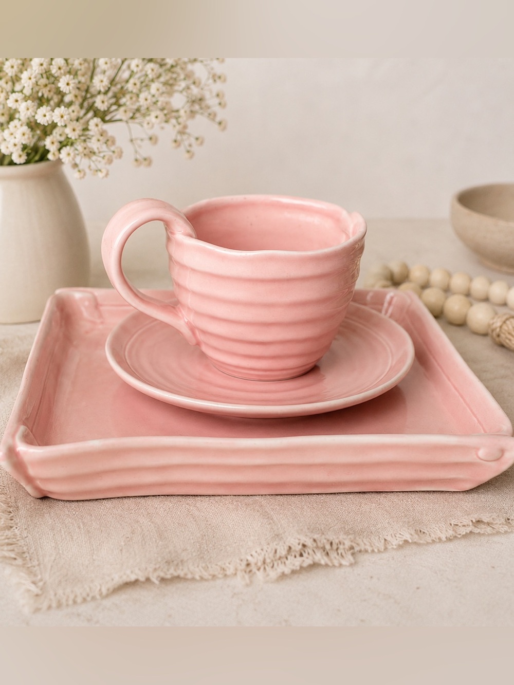 Tabletops Lifestyles EMMA Pink Hand-Painted Ceramic 3-Piece Coffee Set Mug Plate